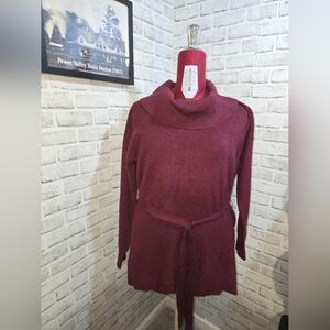 White House Black Market Women's Burgundy Cowl Neck Sweater with Belt.  XL